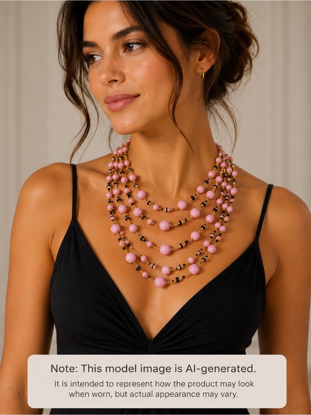 5-Strand Bubble Gum Pink Gold Black Beaded Statement Necklace 12 inches